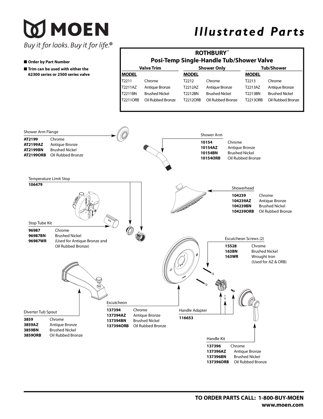 Moen T2213AZ, T2212AZ, T2211ORB manual Illustrated Par ts, Rothbury, Posi-Temp Single-Handle Tub/Shower Valve, Model 