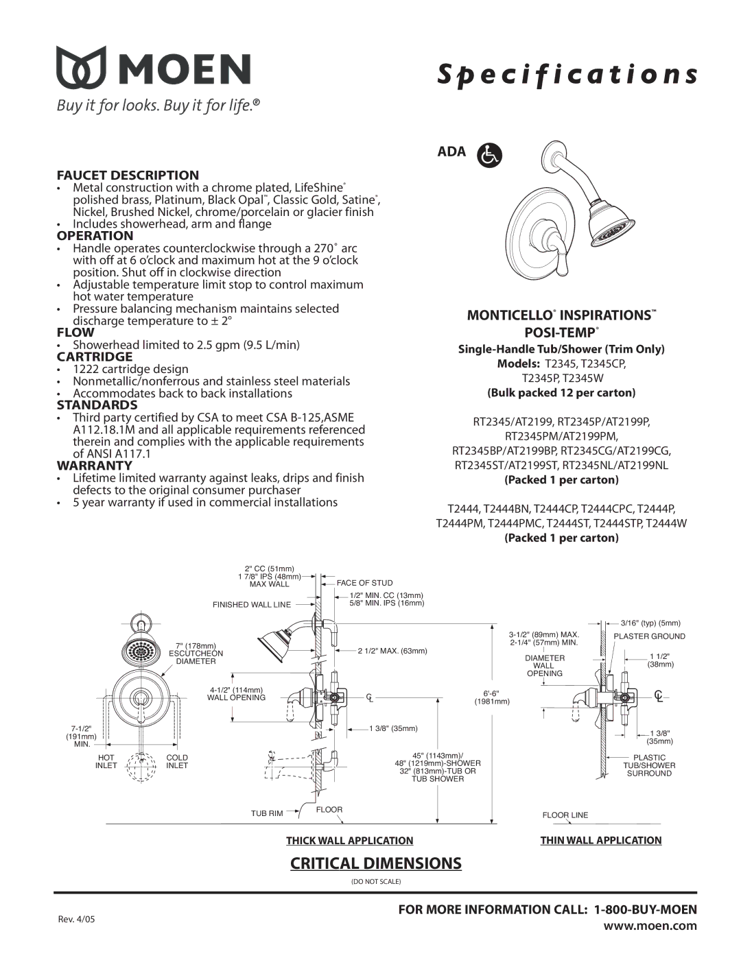 Moen T2345P, T2345CP, T2345W specifications Specification s, ADA Monticello Inspirations POSI-TEMP 