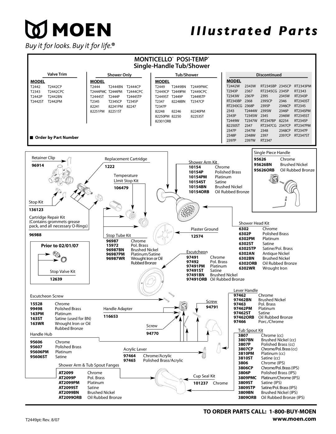 Moen T2444PM, T2449P, T2444ST manual Illustrated Par ts, Monticello POSI-TEMP, Single-Handle Tub/Shower, Prior to 02/01/07 