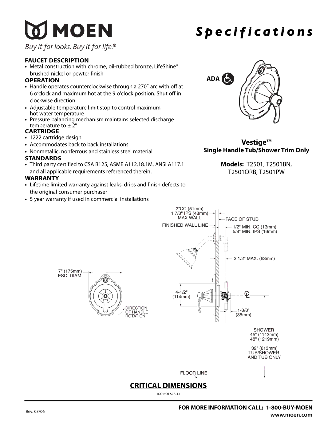 Moen T2501PW, T2501ORB, T2501BN warranty Faucet Description, Operation, Cartridge, Standards, Warranty 