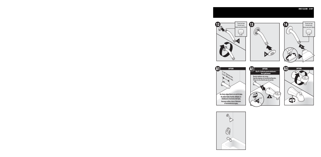 Moen T2502 A512, Option, 5/32”, Barely tighten set screw, 32mm, INS1223B - 3/07, 89mm, Visser la vis darrêt sans la serrer 