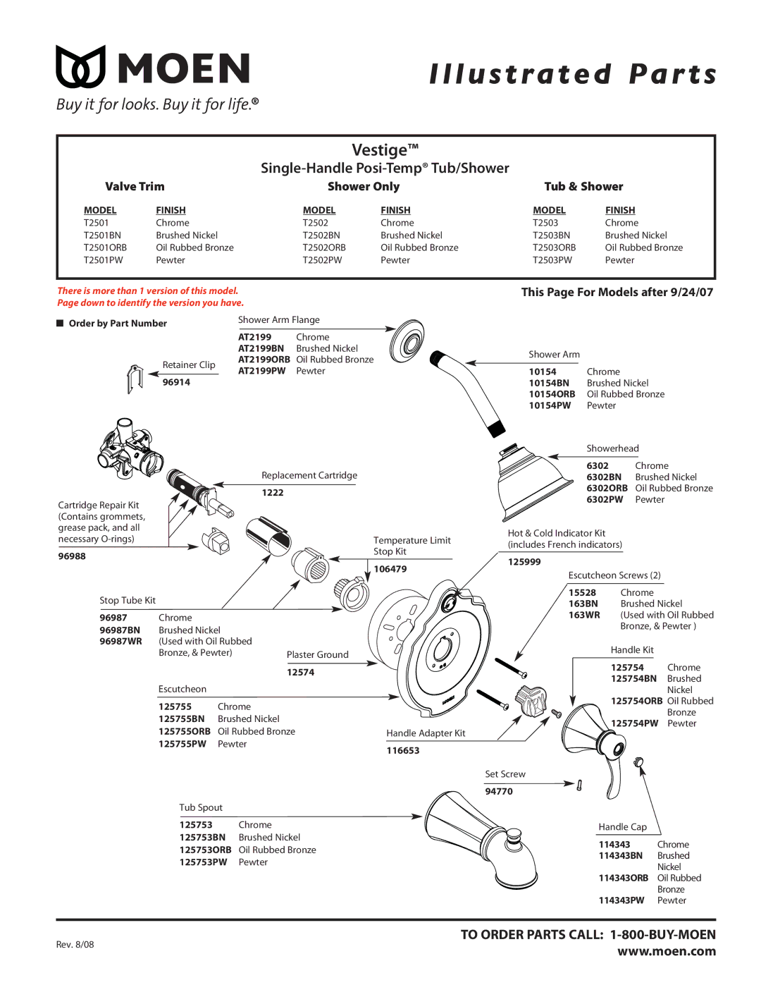 Moen T2502ORB manual Illustrated Par ts, Vestige, Single-Handle Posi-Temp Tub/Shower, Valve Trim Shower Only Tub & Shower 
