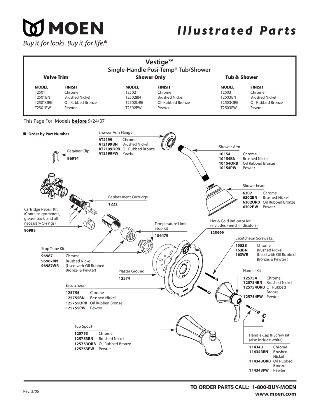 Moen T2502PW, T2502BN, T2502ORB manual This Page For Models before 9/24/07 
