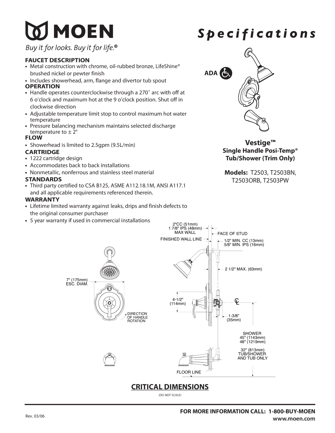 Moen T2503ORB, T2503BN, T2503PW warranty Specification s, Vestige, Single Handle Posi-Temp Tub/Shower Trim Only 