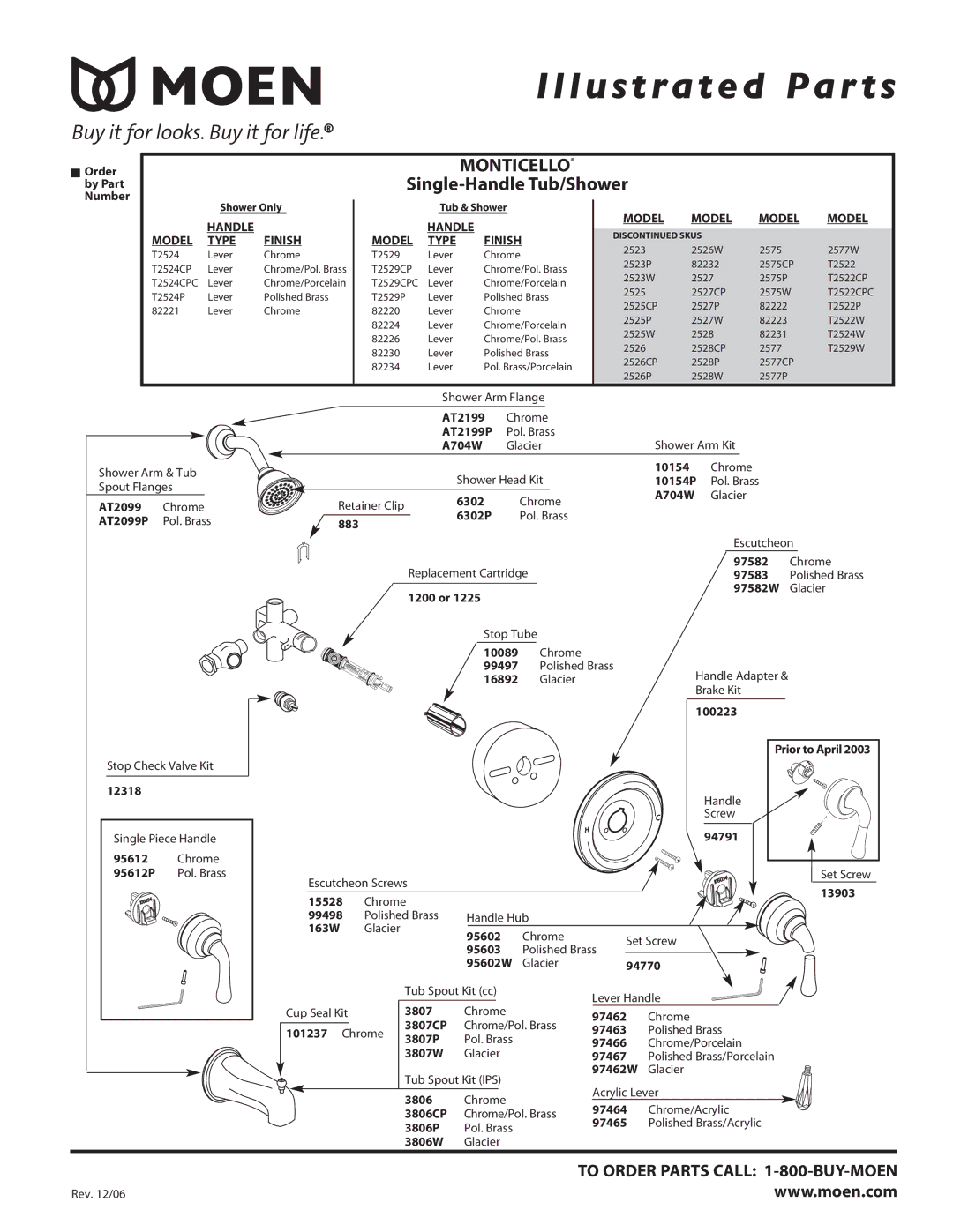 Moen T2524P, T2524CPC manual Illustrated Par ts, Monticello, Single-Handle Tub/Shower, Model Handle, Model Type Finish 