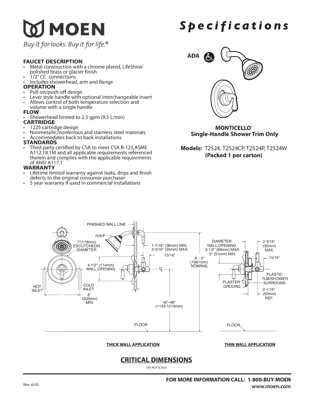 Moen T2524W specifications Specification s, ADA Monticello, Single-Handle Shower Trim Only, Packed 1 per carton 