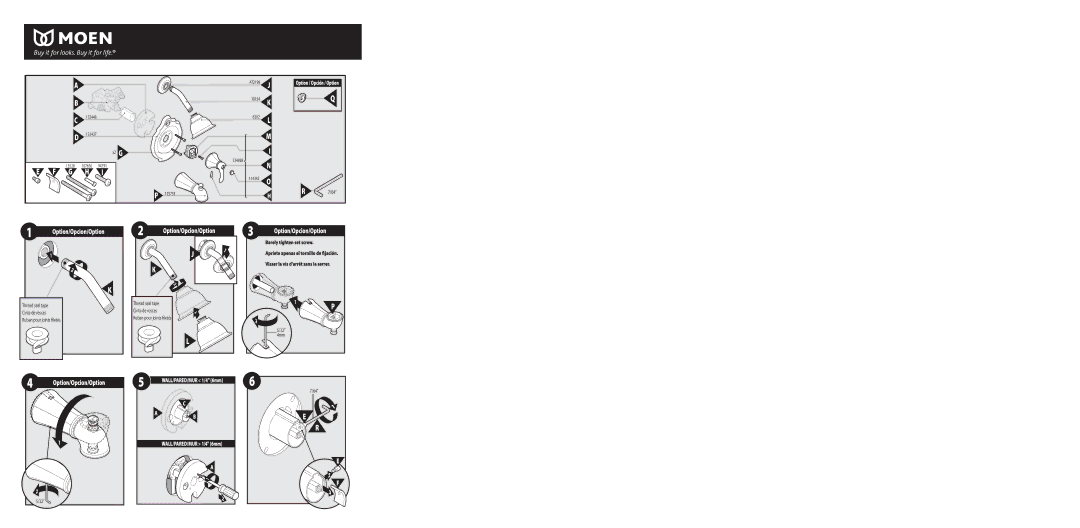 Moen T2605, T2604 warranty Option/Opcion/Option, Ruban pour joints ﬁletés, 4mm 