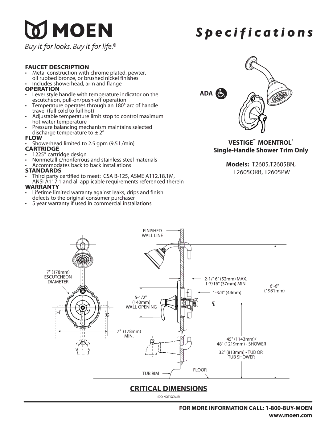 Moen T2605BN, T2605ORB specifications Specification s, ADA Vestige Moentrol, Single-Handle Shower Trim Only 