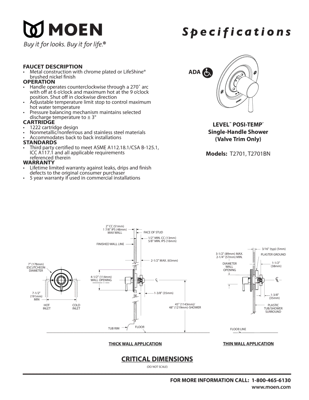 Moen T2701BN specifications Specification s, ADA Level POSI-TEMP, Single-Handle Shower Valve Trim Only 