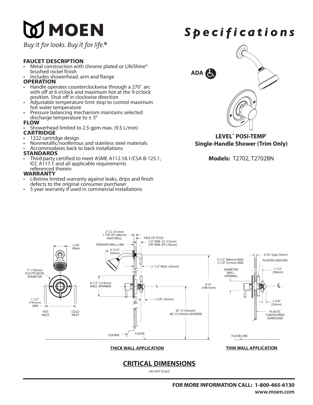 Moen T2702BN specifications Faucet Description, Operation, Flow, Cartridge, Standards, Warranty, For More Information Call 