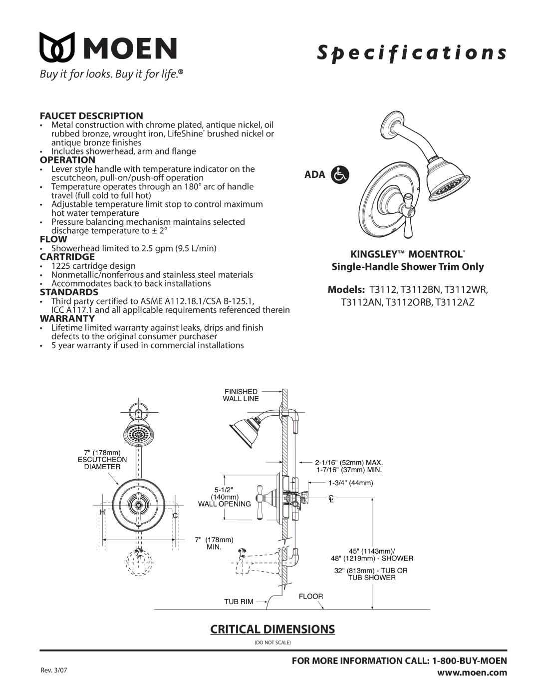 Moen T3112AN, T3112WR, T3112ORB specifications Specification s, ADA Kingsley Moentrol, Single-Handle Shower Trim Only 