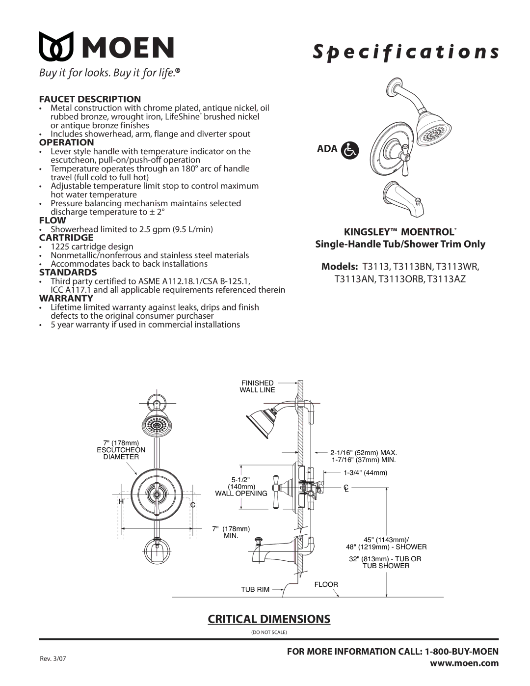 Moen T3113ORB, T3113WR, T3113AN specifications Specification s, ADA Kingsley Moentrol, Single-Handle Tub/Shower Trim Only 