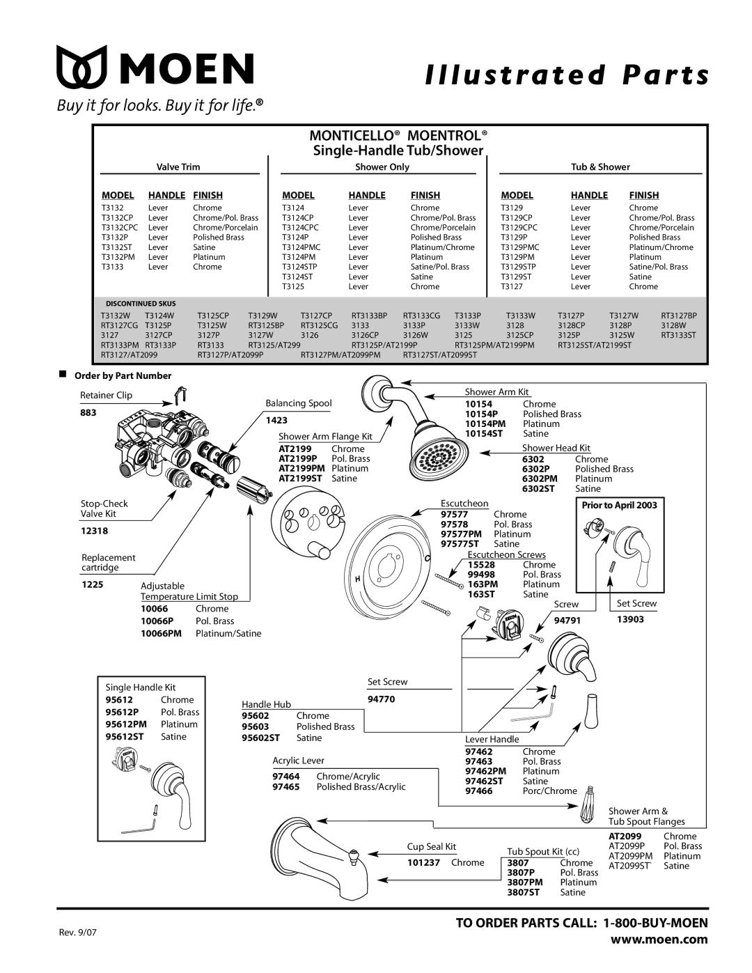 Moen T3124PMC, T3124STP, T3124CPCc, T3132CPC, T3132PM, T3132ST manual Illustrated Par ts, Single-Handle Tub/Shower 