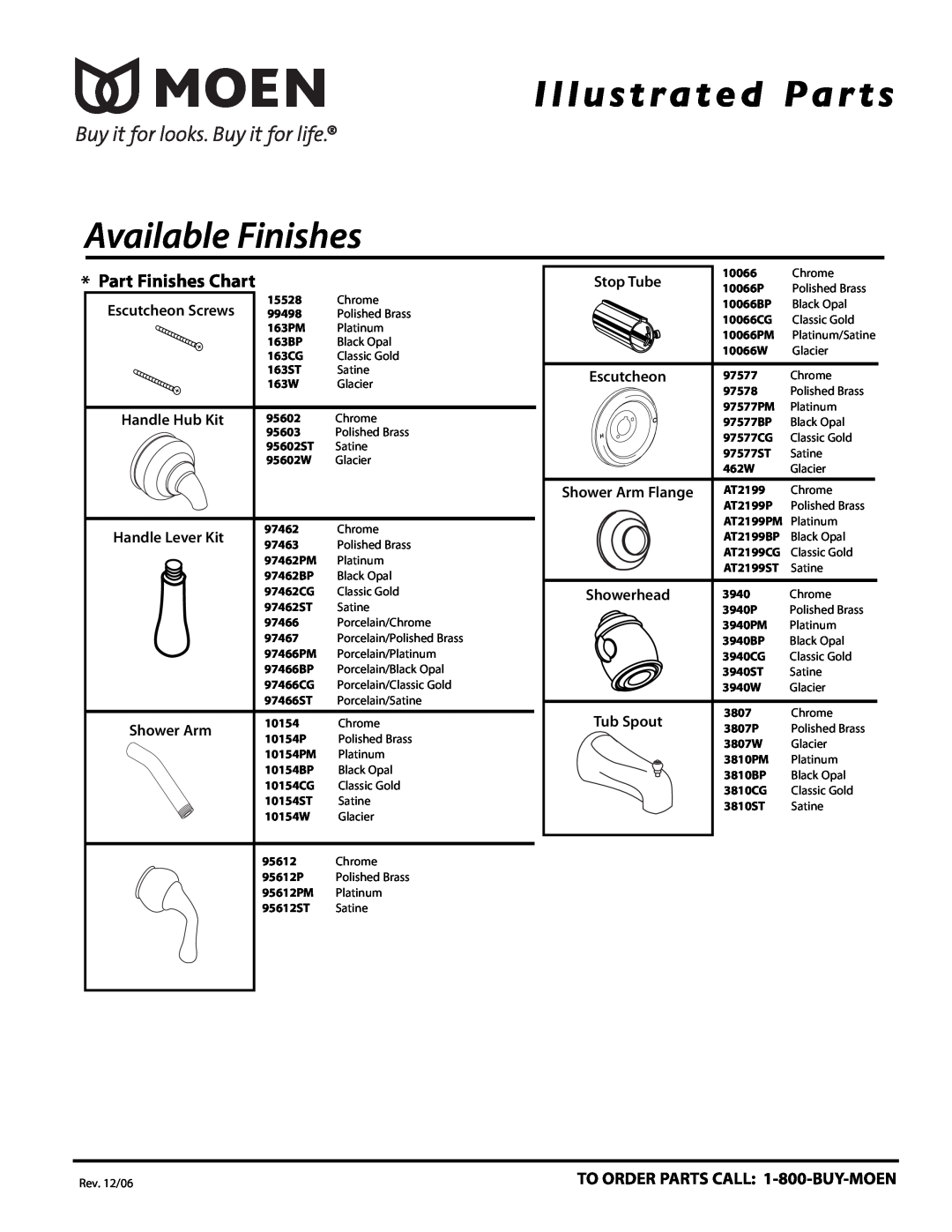 Moen T3124PM Part Finishes Chart, Available Finishes, Illustrated Par ts, Handle Lever Kit, Handle Hub Kit, Stop Tube 