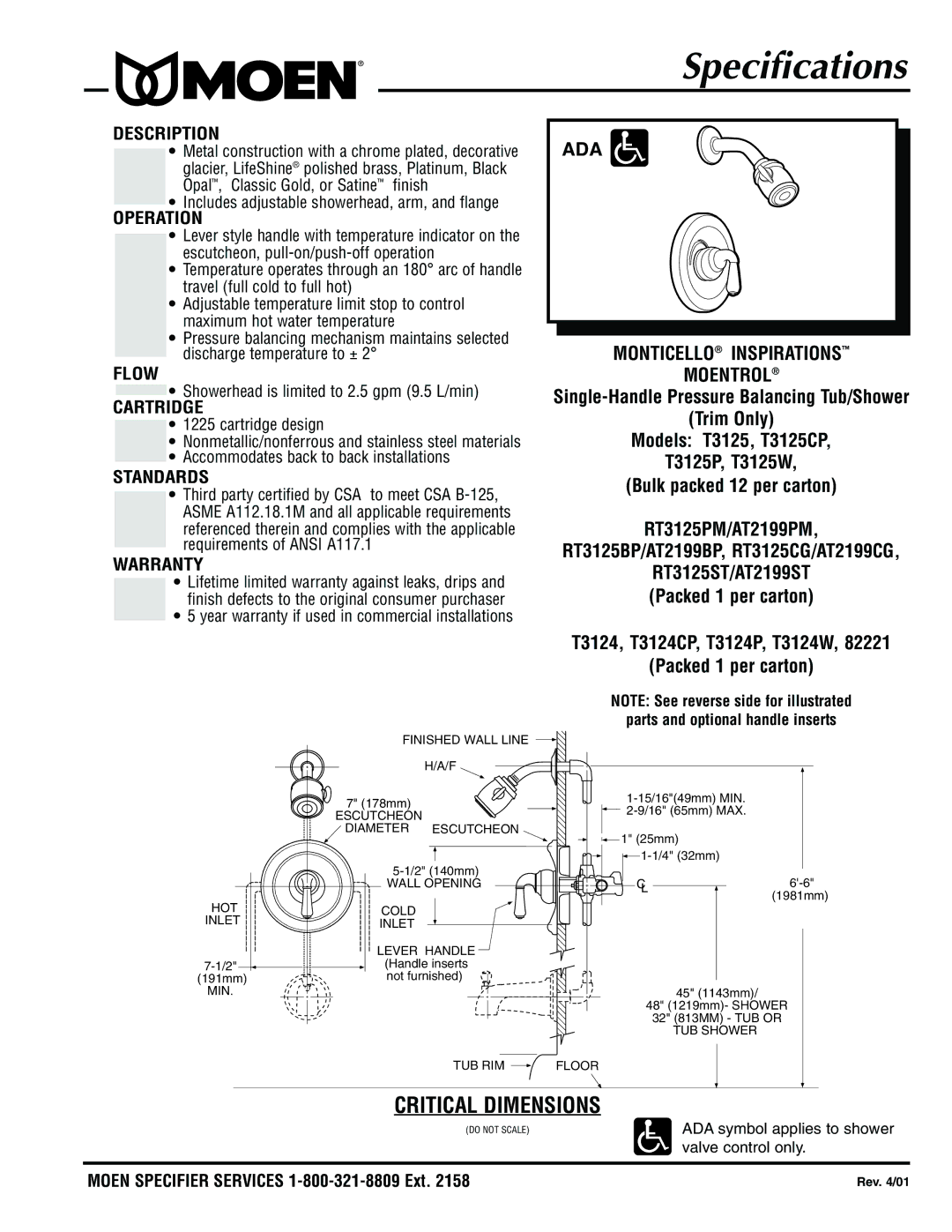 Moen T3124W, T3125P, T3125CP, T3125W, T3124P specifications Description, Operation, Flow, Cartridge, Standards, Warranty 