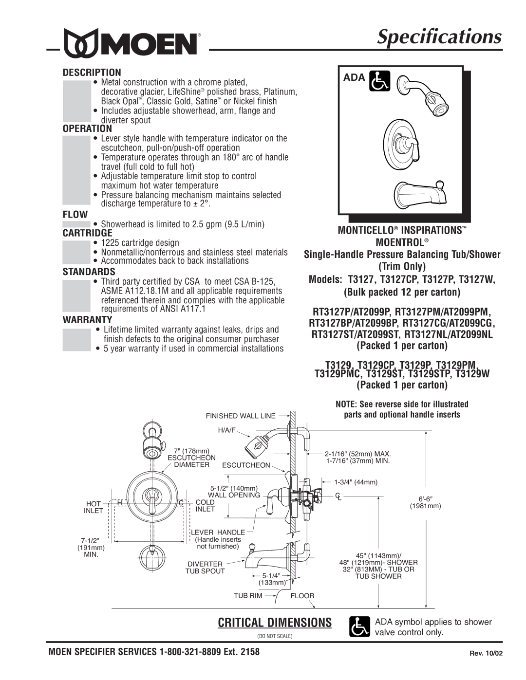 Moen T3127CP, T3127P, T3127W specifications Specifications, ADA Monticello Inspirations Moentrol 