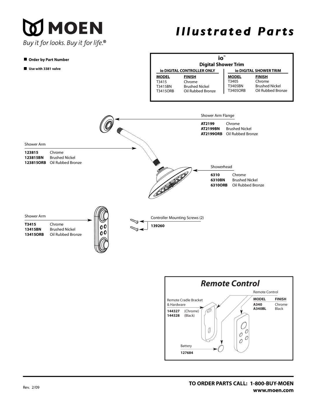 Moen T3405BN, T3415ORB, T3405ORB manual Illustrated Par ts, Remote Control, Digital Shower Trim, Model Finish, AT2199ORB 