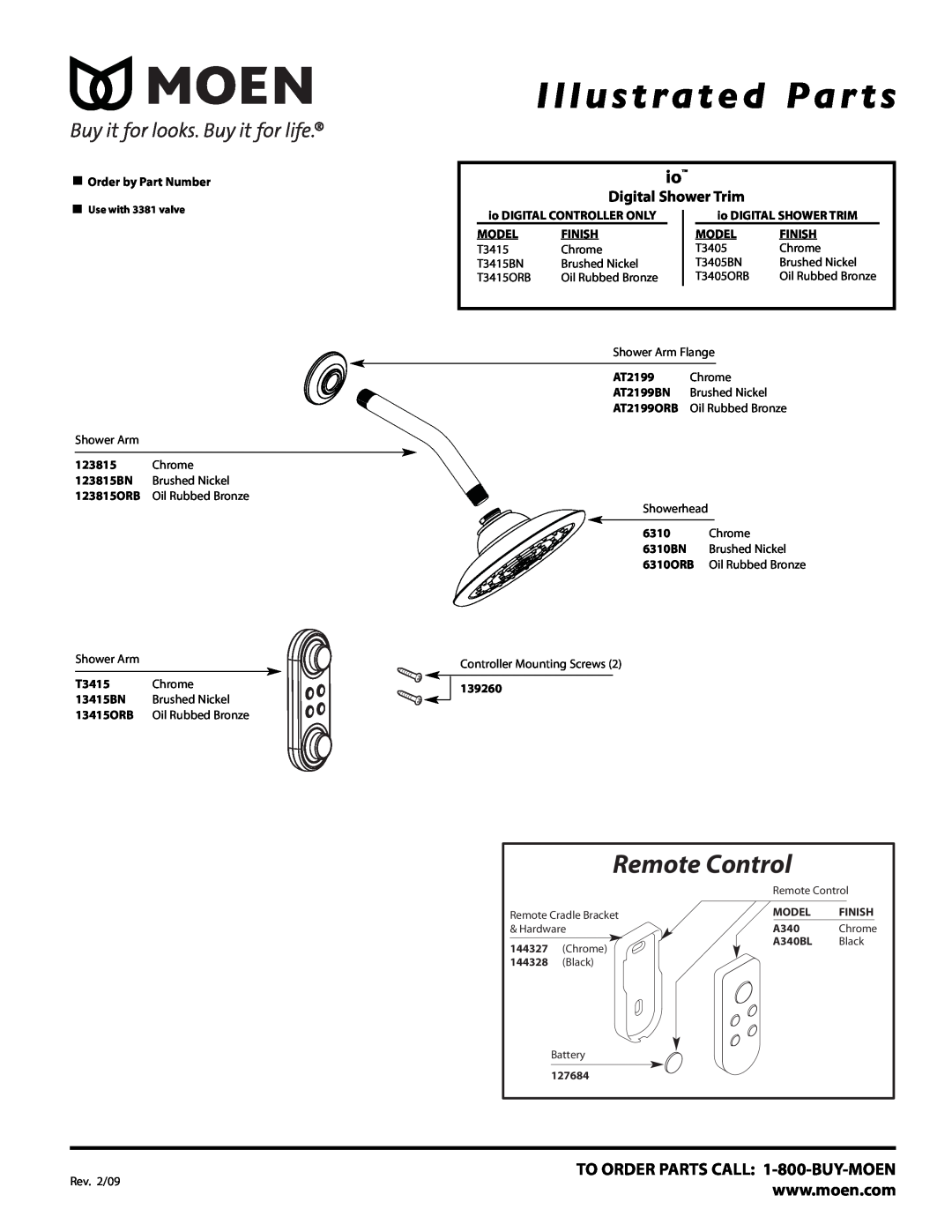 Moen T3405BN, T3415 manual Illustrated Par ts, Remote Control, TO ORDER PARTS CALL 1-800-BUY-MOEN, Digital Shower Trim 
