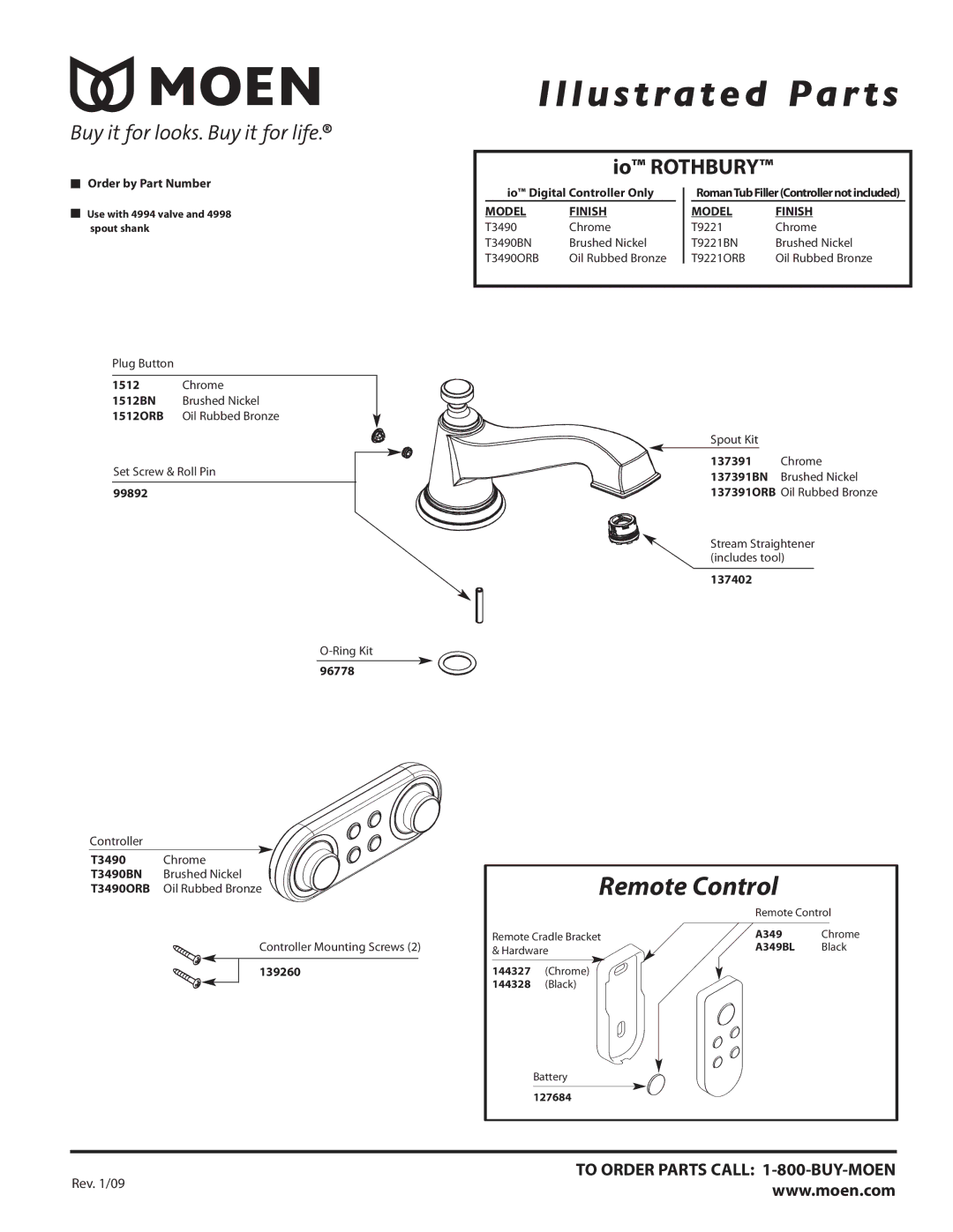 Moen T3490BN, T3490ORB, T9221ORB, T9221BN manual Remote Control, Io Rothbury, Model Finish 