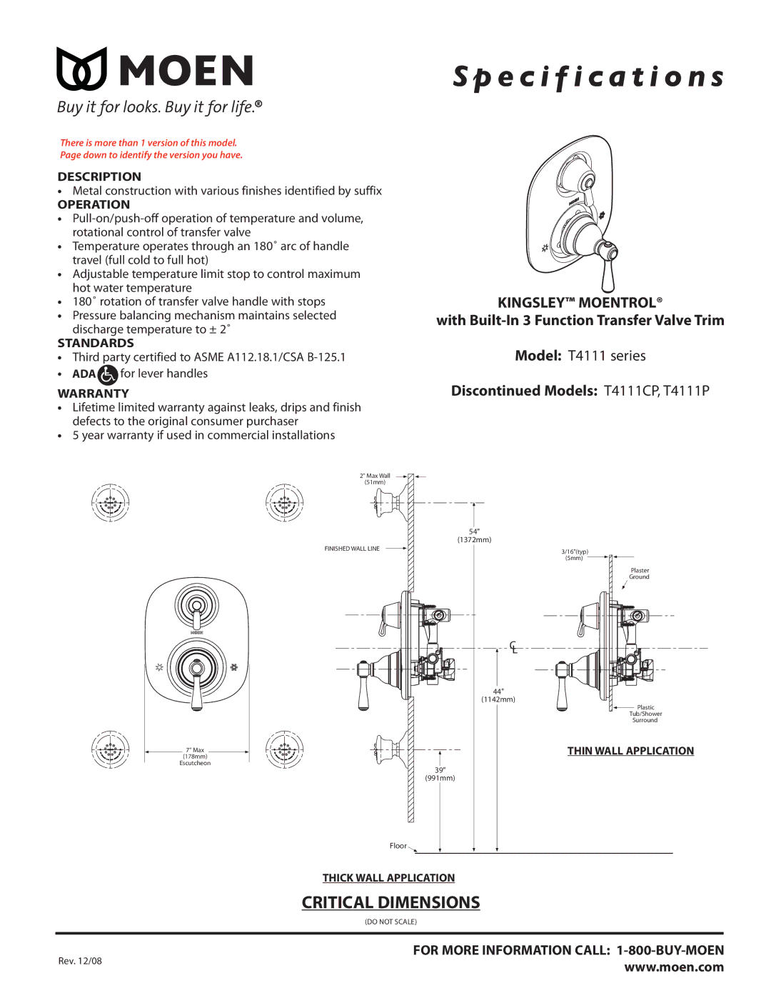 Moen T4111 SERIES dimensions Specification s 
