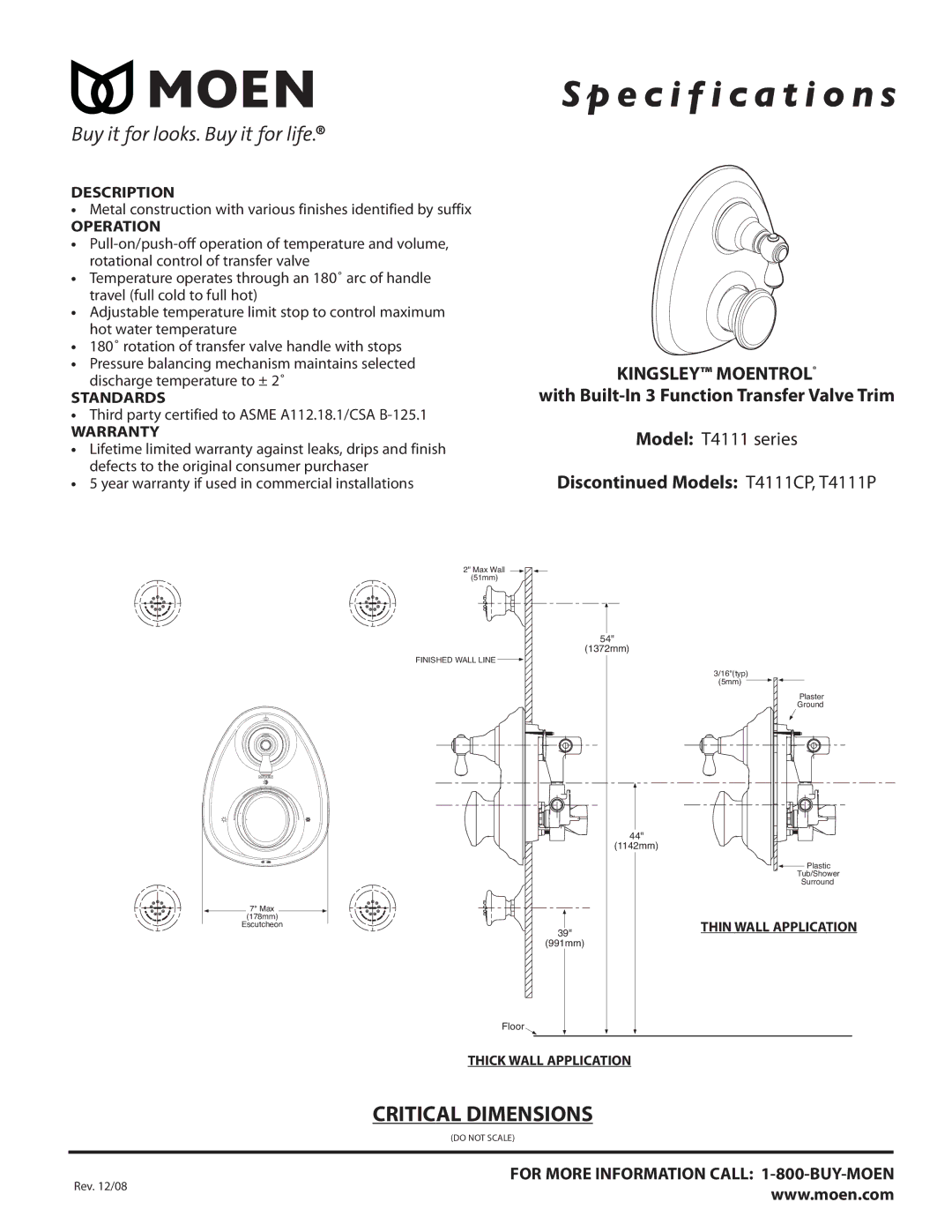 Moen T4111 SERIES dimensions Specification s 