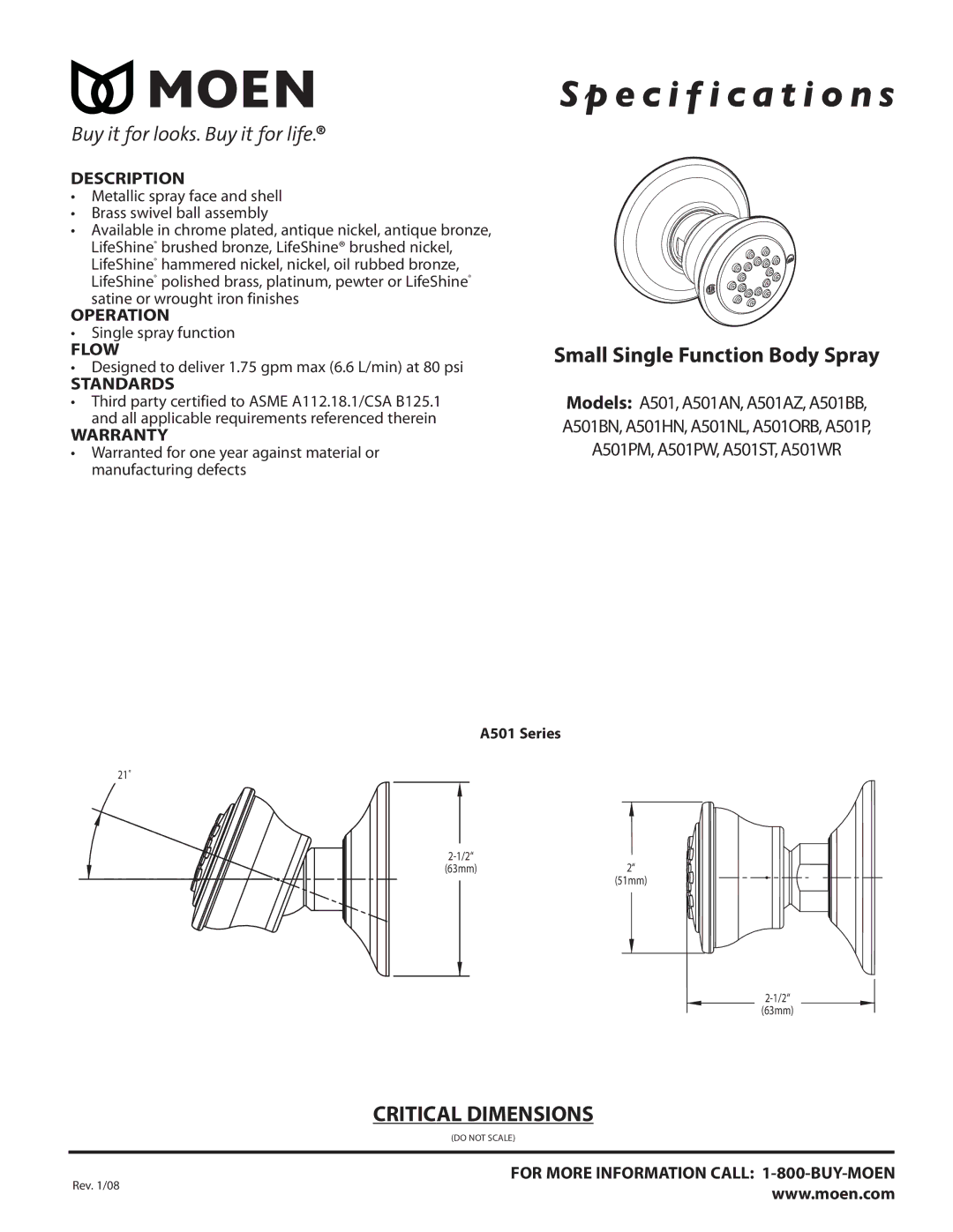 Moen T4111 SERIES dimensions Small Single Function Body Spray 