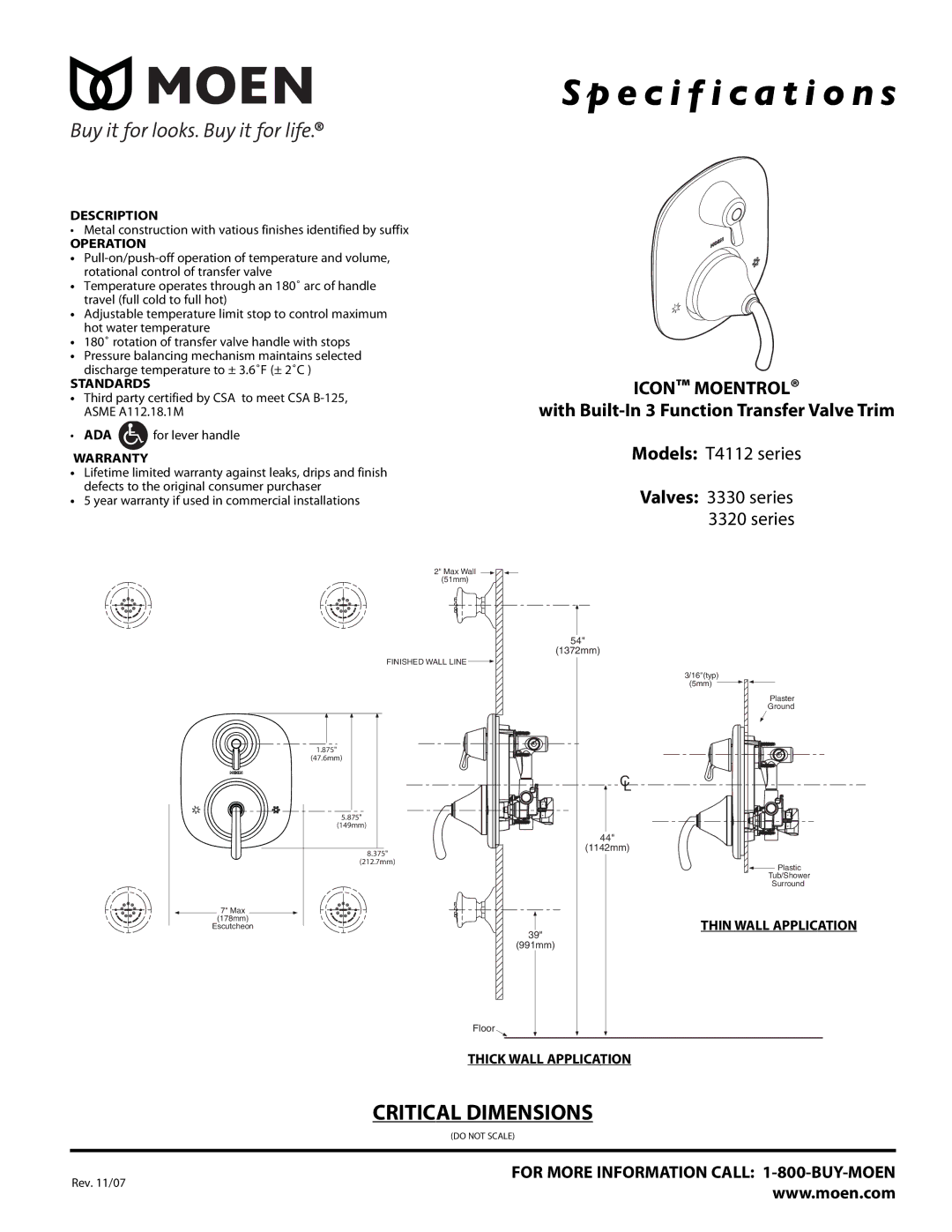 Moen 3320 Series, T4112 Series dimensions Specification s, Icon Moentrol, With Built-In 3 Function Transfer Valve Trim 