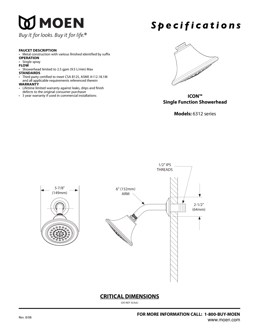 Moen 3330 Series, T4112 Series, 3320 Series Icon, Single Function Showerhead, Models 6312 series, Faucet Description, Flow 