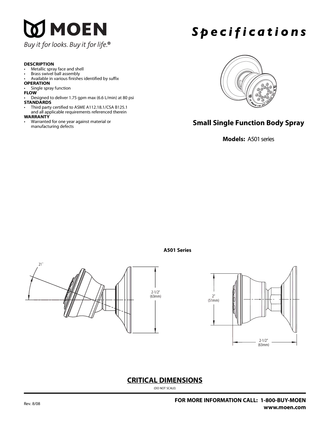 Moen T4112 Series, 3320 Series, 3330 Series dimensions Specification s, Models A501 series 