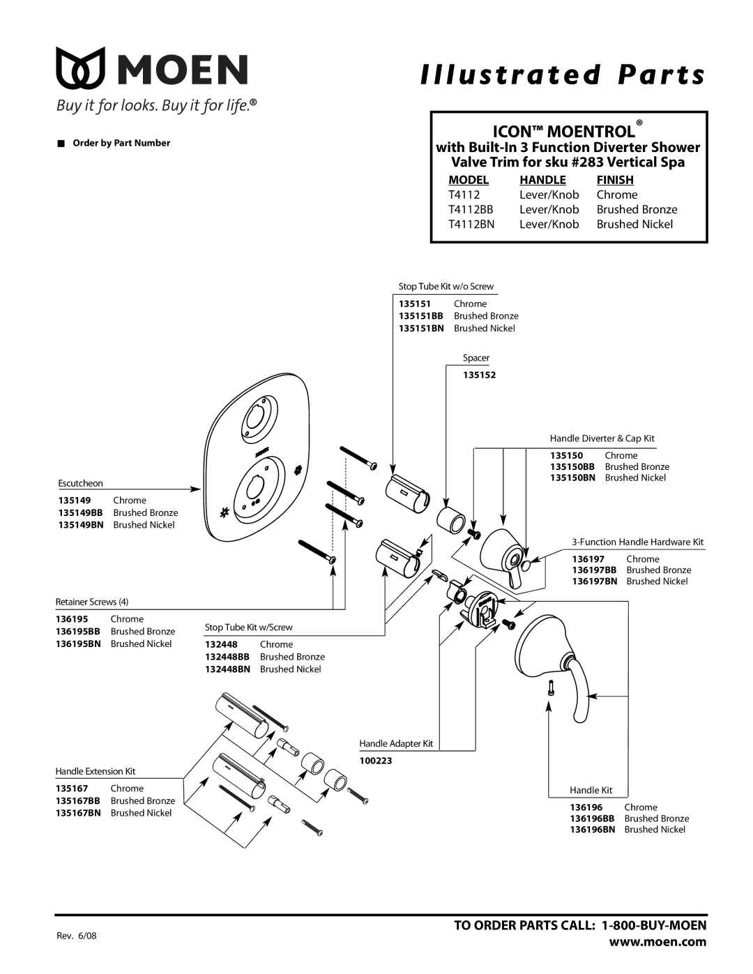 Moen T4112BN, T4112BB manual Illustrated Par ts, Icon Moentrol, Model Handle Finish 