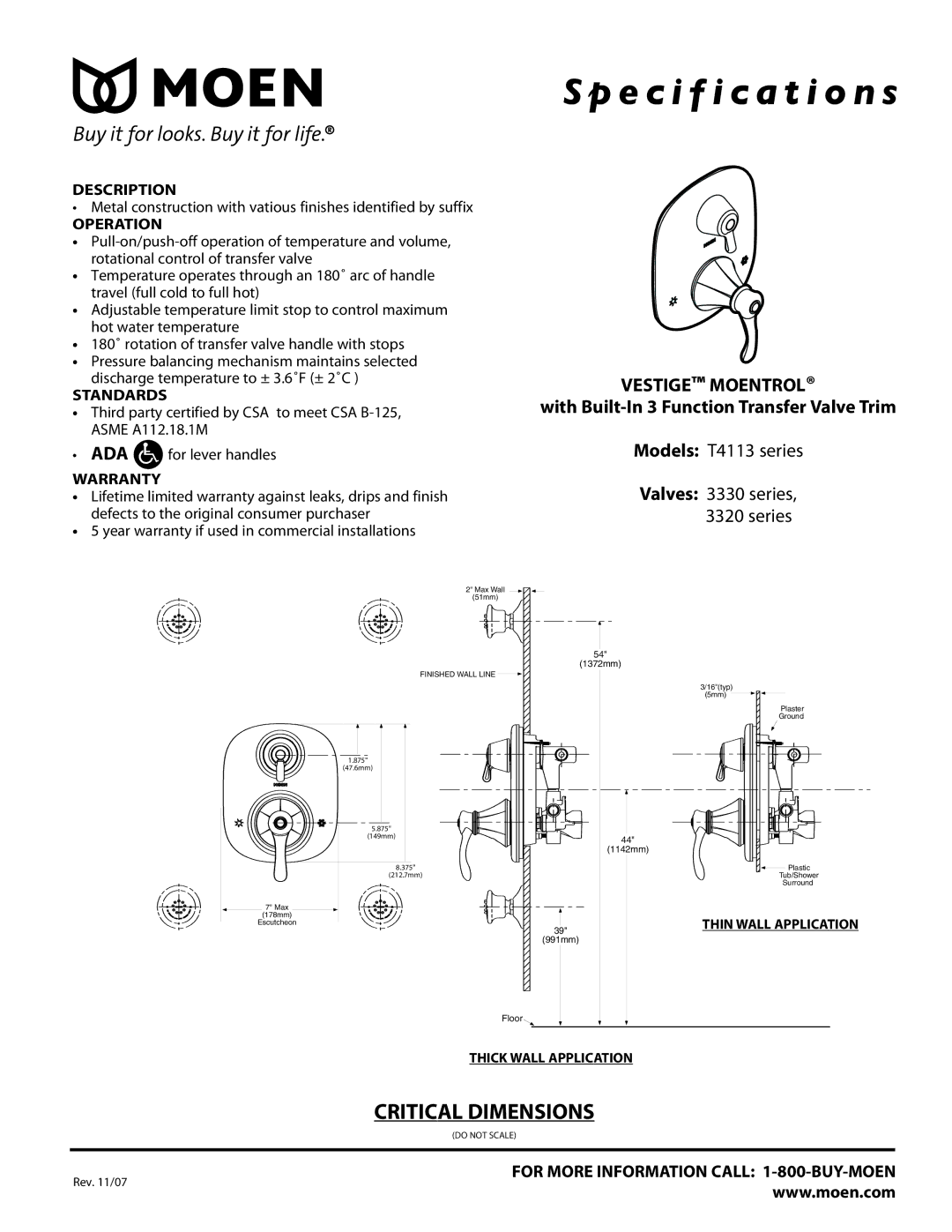 Moen T4113 SERIES specifications Specification s, Vestige Moentrol, With Built-In 3 Function Transfer Valve Trim 