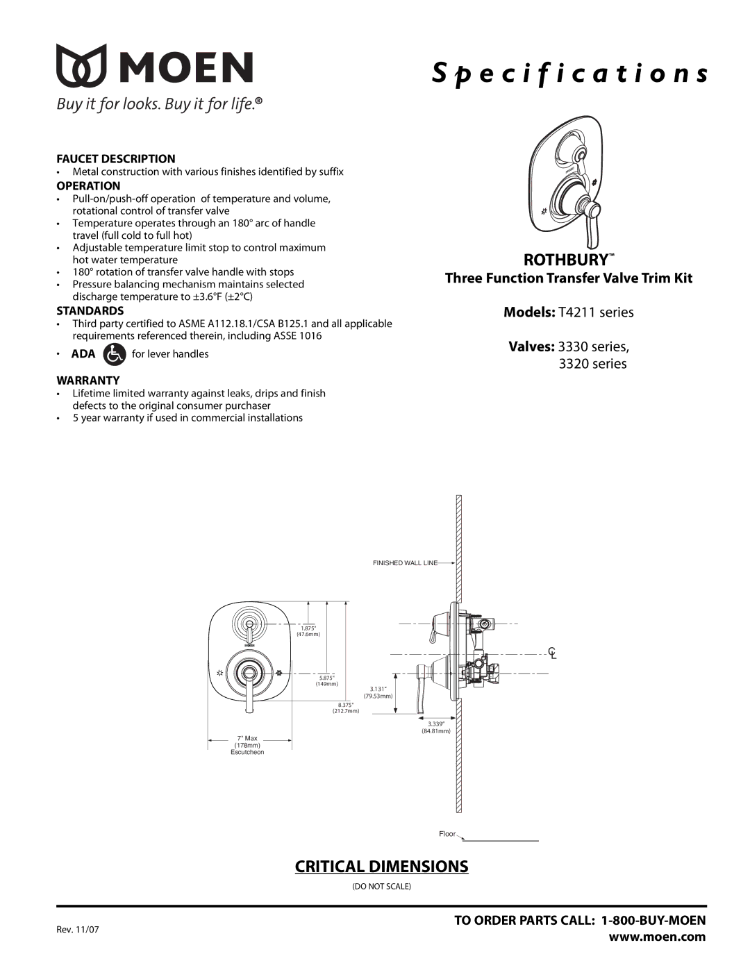 Moen T4211 Series specifications Specification s, Rothbury, Critical Dimensions, Three Function Transfer Valve Trim Kit 