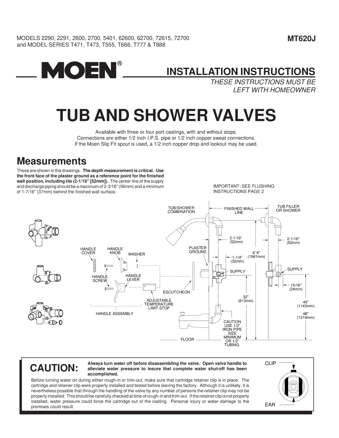 Moen T555, T471, T473, T666, T777, T888, 72700, 5401 installation instructions Measurements, Important see Flushing Instructions 