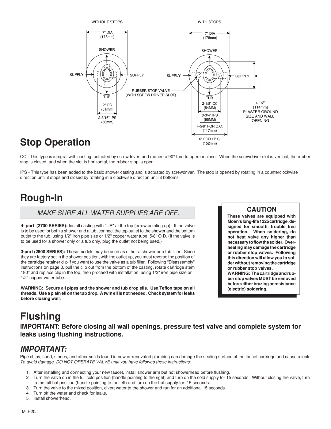 Moen T473, T471, T555, T666, T777, T888, 72700, 72615, 62700, 5401, 62600, 2290, 2291 Stop Operation, Rough-In, Flushing 