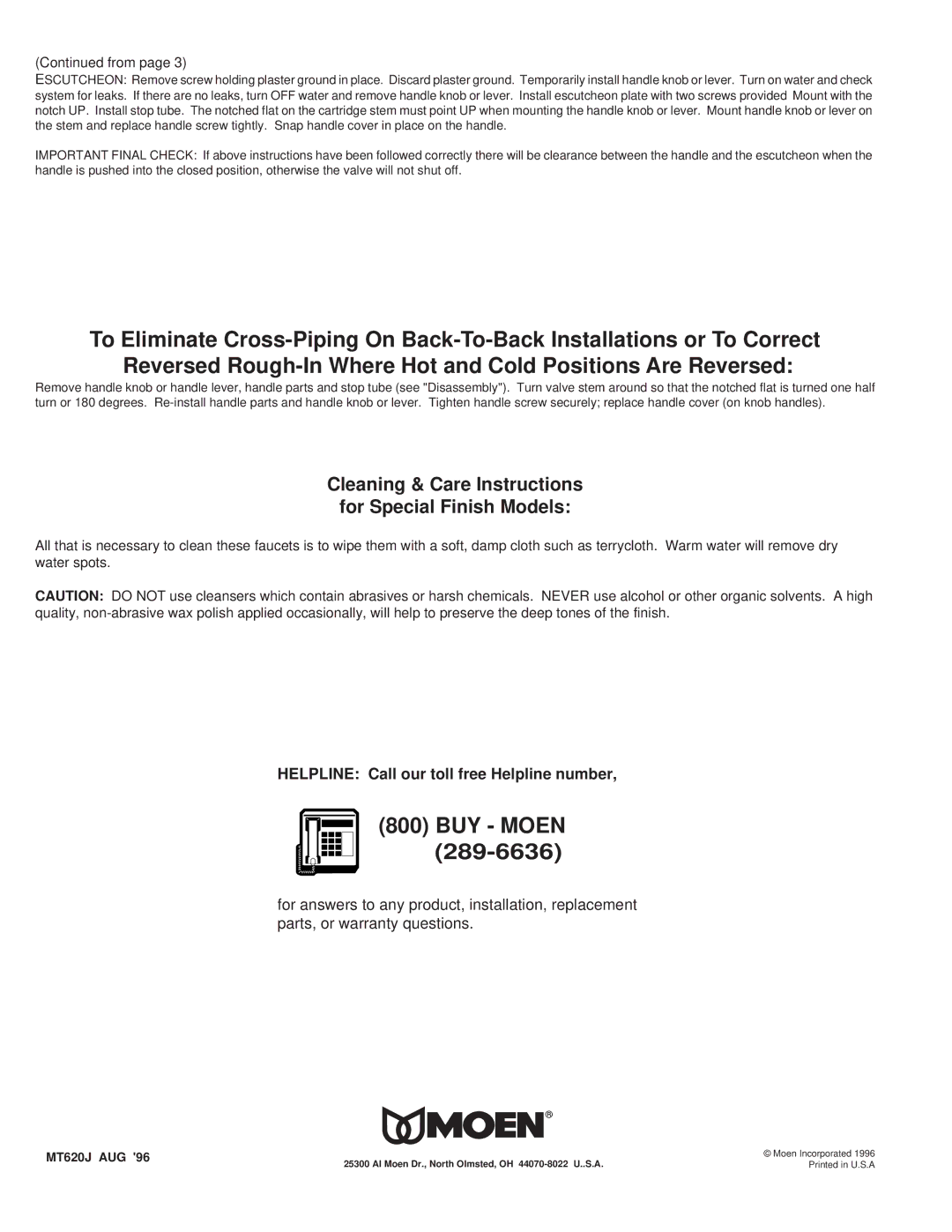 Moen T777, T471, T555, T473, T666, T888, 72700, 72615, 62700, 5401, 62600, 2290, 2291 installation instructions BUY Moen 289-6636 