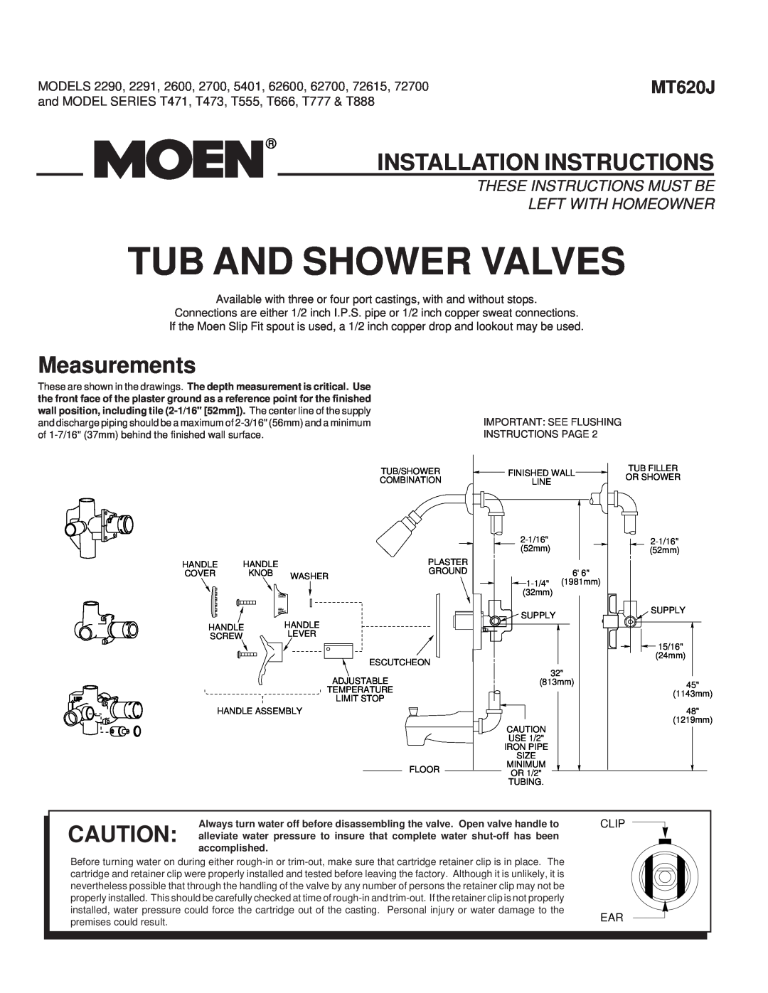 Moen T555, T471, T473, T666 installation instructions Installation Instructions, Measurements, MT620J, Tub And Shower Valves 