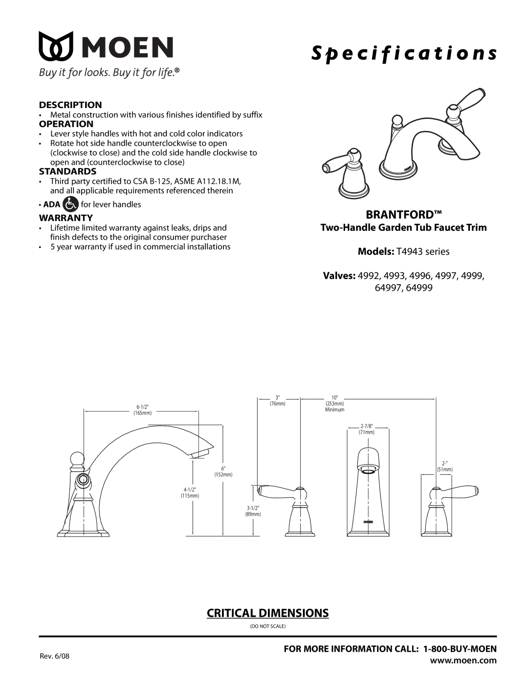 Moen T4943 series specifications Specification s, Brantford, Critical Dimensions, Two-Handle Garden Tub Faucet Trim 