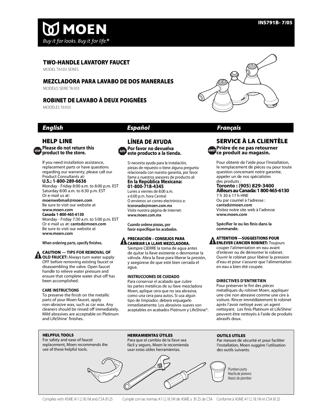 Moen T6103 Series warranty INS791B- 7/05, Canada, En la República Mexicana, 30 à 17 h HNE 