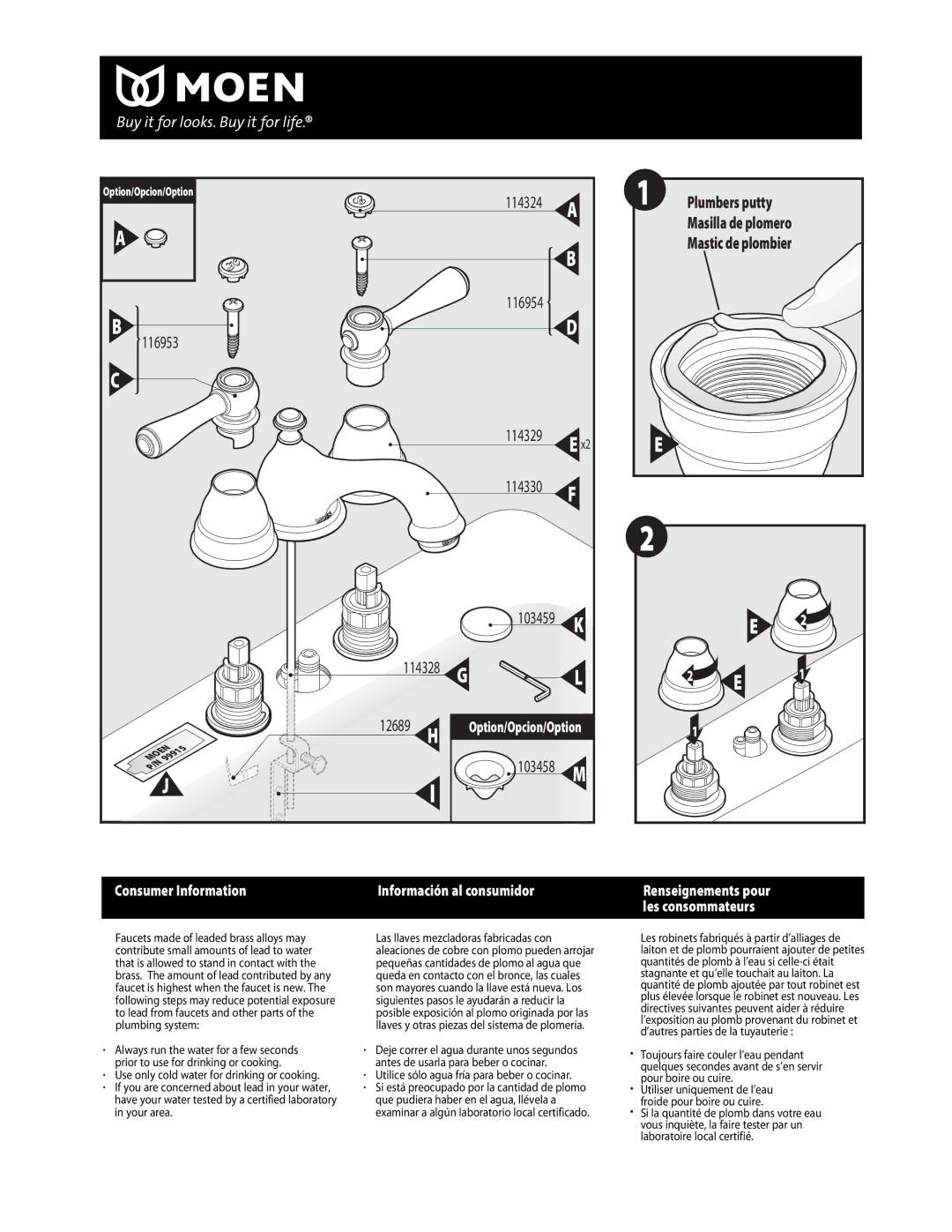 Moen T6103 Series warranty Consumer Information, Utilice sólo agua fría para beber o cocinar 