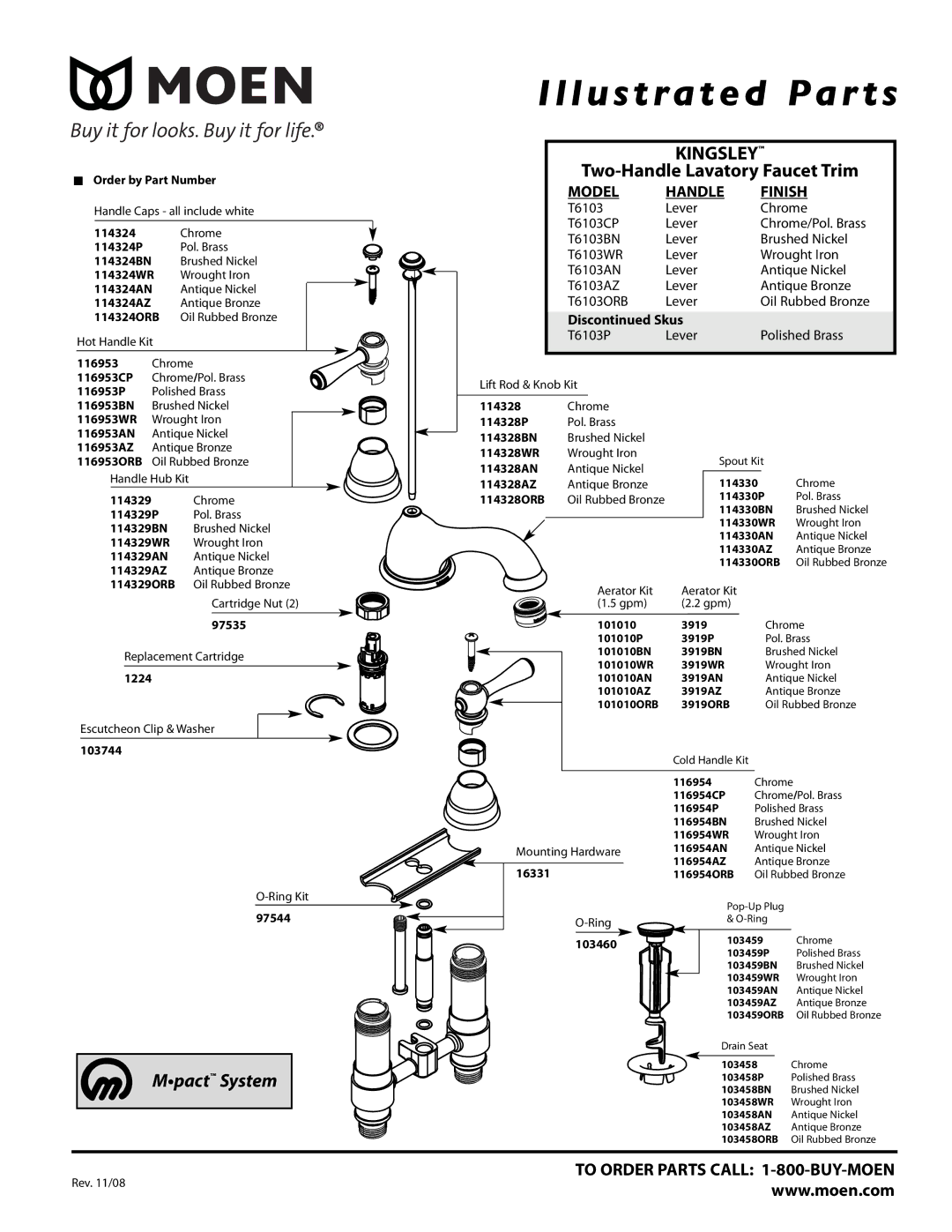 Moen T6103P manual Illustrated Par ts, Kingsley, Two-Handle Lavatory Faucet Trim, Mpact System, Model Handle Finish 