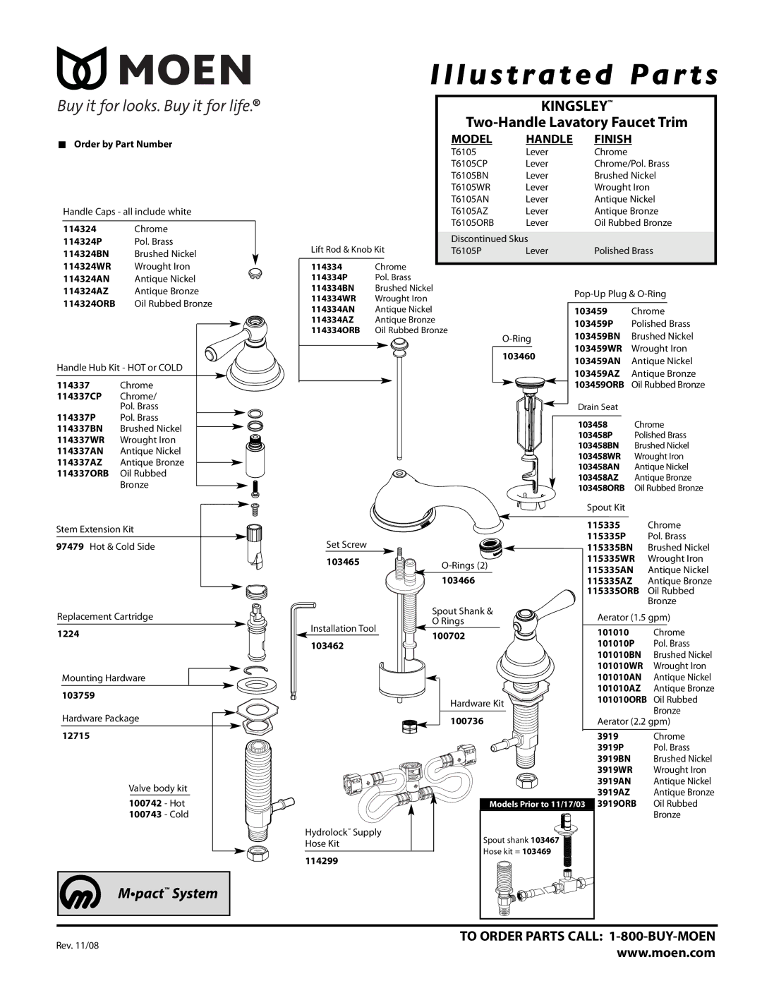 Moen T6105AN, T6105AZ, T6105ORB, T6105WR manual Illustrated Par ts, Kingsley, Mpact System, Two-Handle Lavatory Faucet Trim 