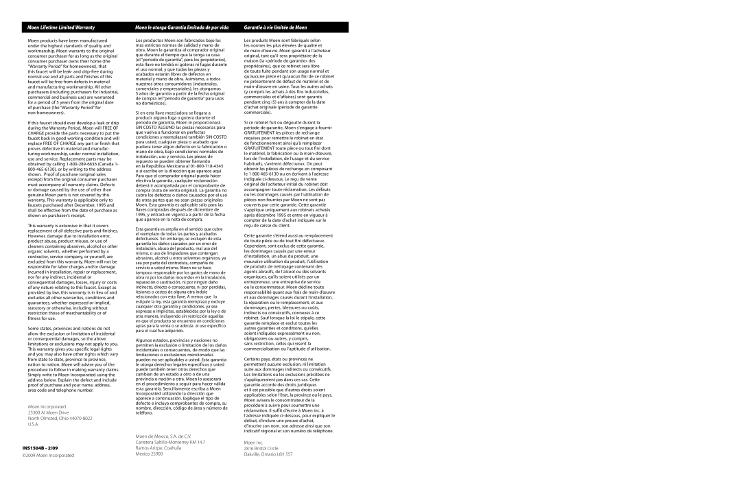 Moen T6107 warranty INS1504B 2/09, Moen Lifetime Limited Warranty, Moen le otorga Garantía limitada de por vida 