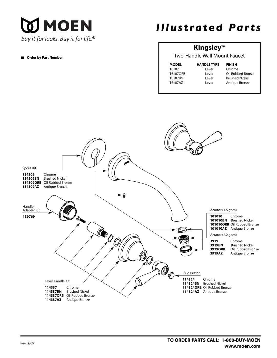 Moen T6107ORB, T6107BN, T6107AZ manual Illustrated Par ts, Kingsley, Two-Handle Wall Mount Faucet, Model Handle Type Finish 