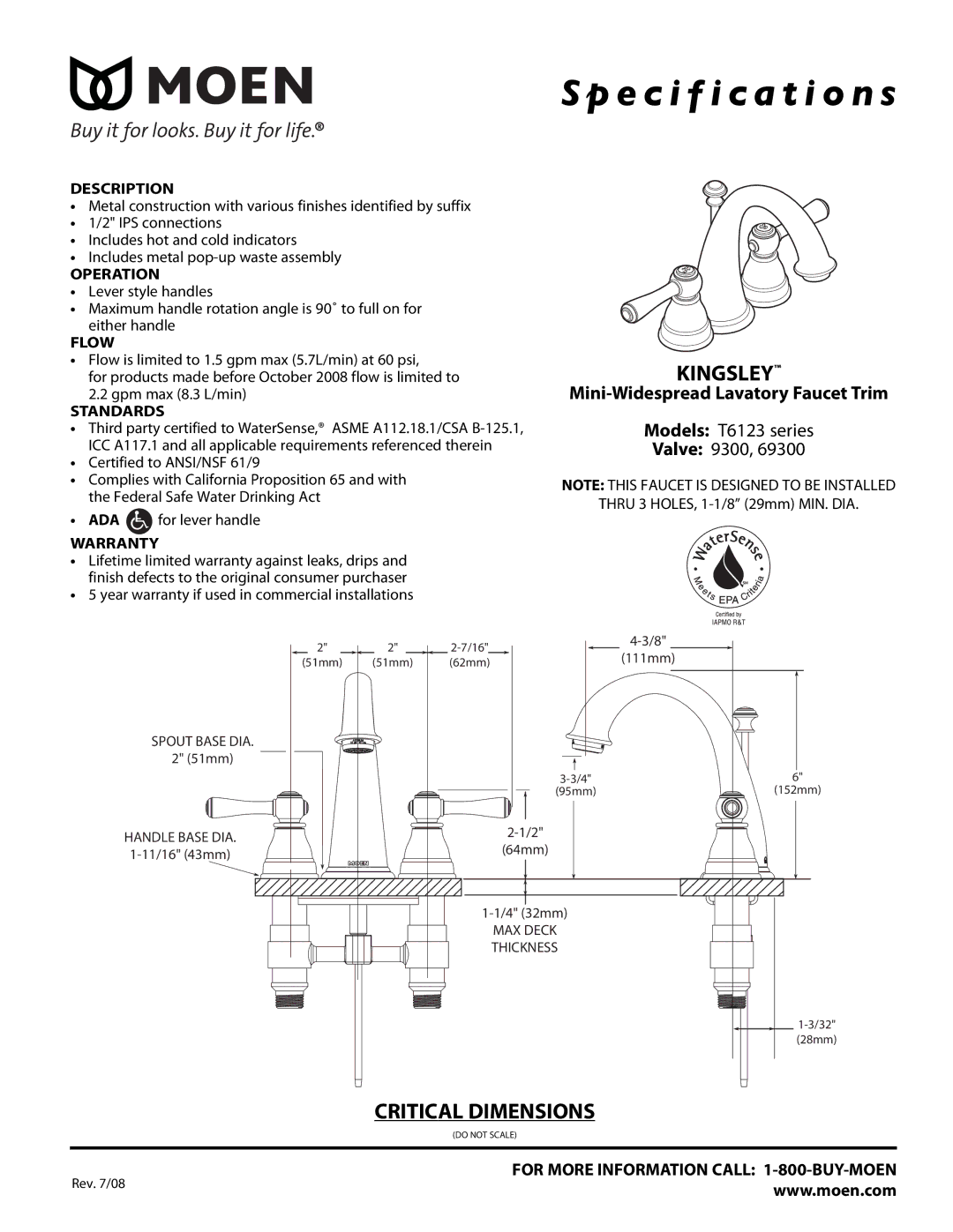 Moen T6123 Series specifications Specification s, Kingsley, Critical Dimensions, Mini-Widespread Lavatory Faucet Trim 