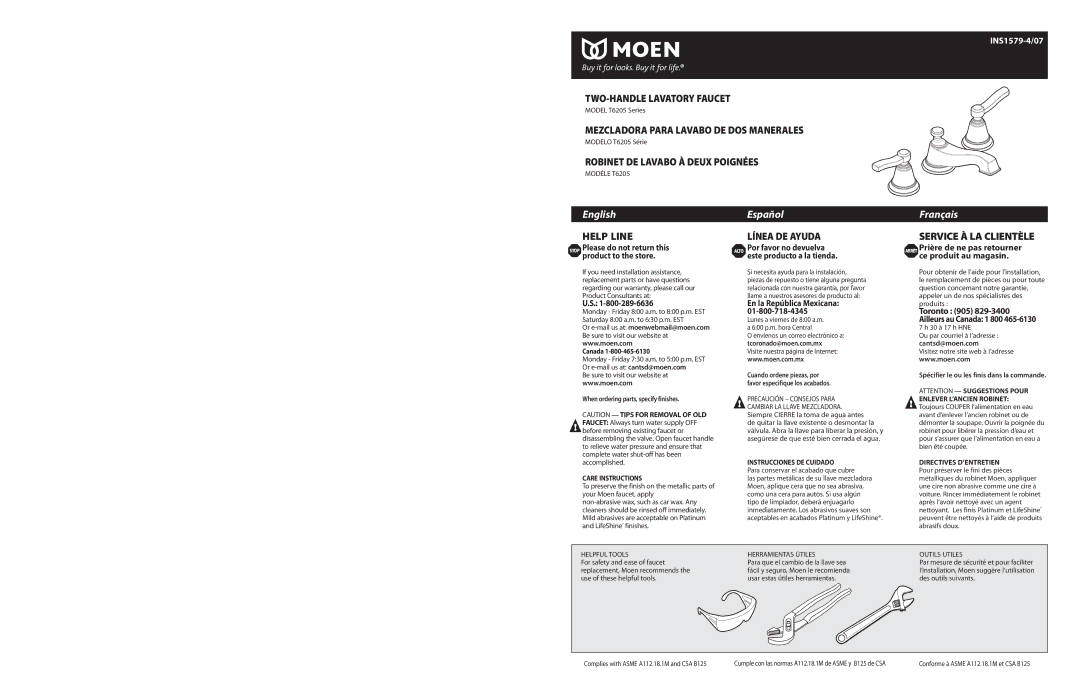 Moen T6205 Series warranty Stop Please do not return this product to the store, En la República Mexicana, Cantsd@moen.com 