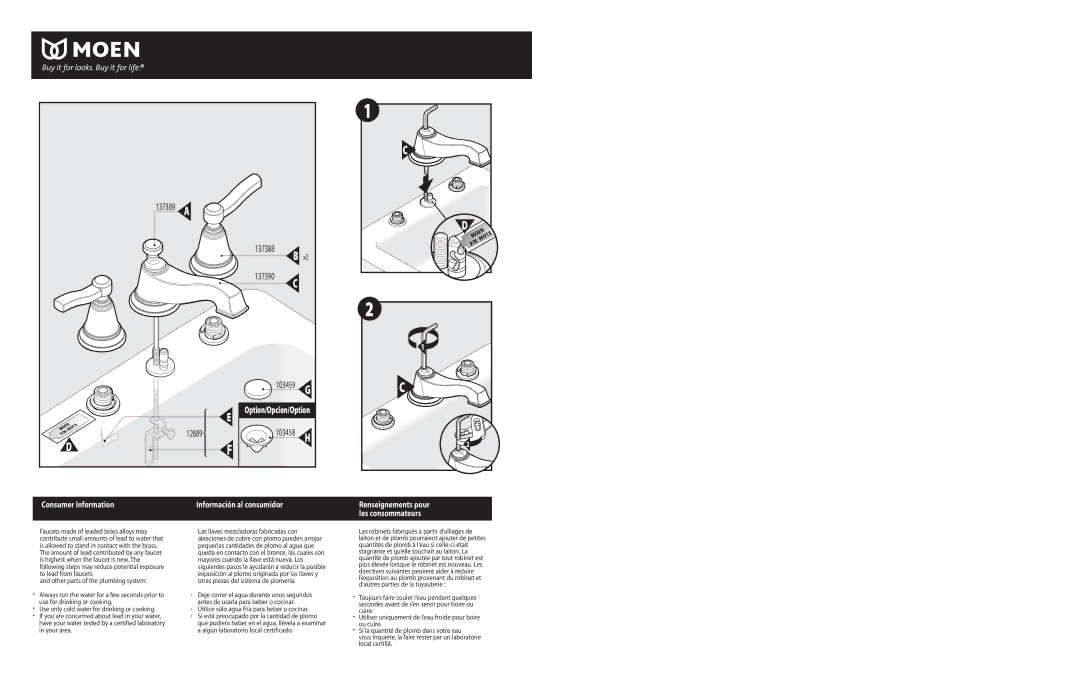 Moen T6205 Series warranty 99915, Utilice sólo agua fría para beber o cocinar 