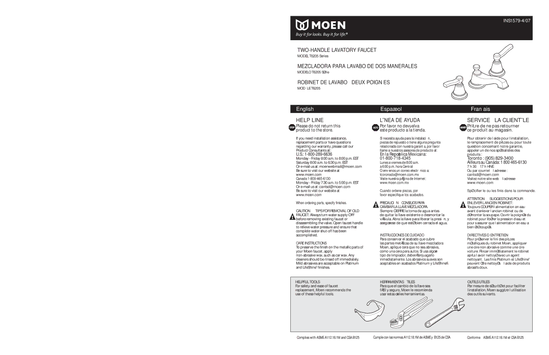 Moen T6205 Series warranty INS1579 4/07, Garantie à vie limitée de Moen 