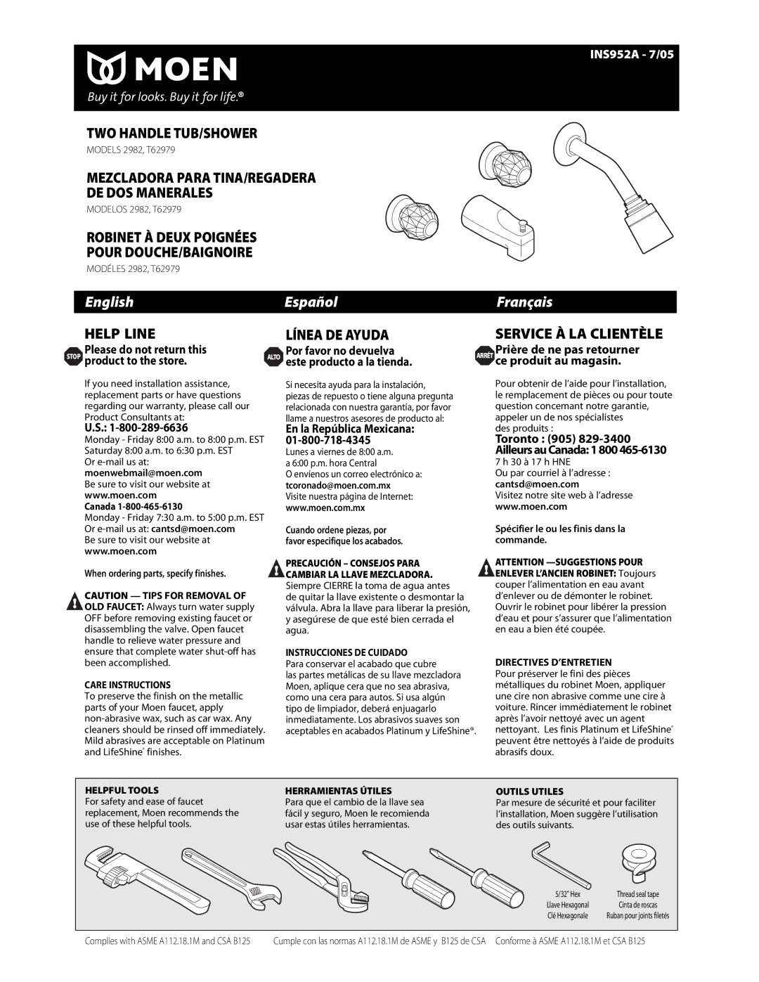 Moen T62979 warranty Canada, En la República Mexicana 