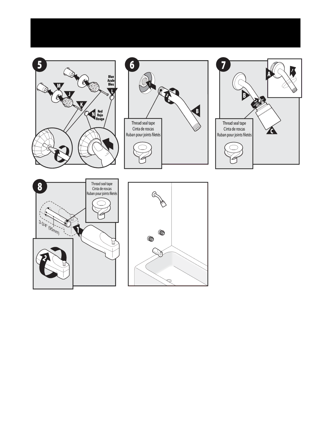 Moen T62979 warranty 95mm, Thread seal tape Cinta de roscas Ruban pour joints ﬁletés 