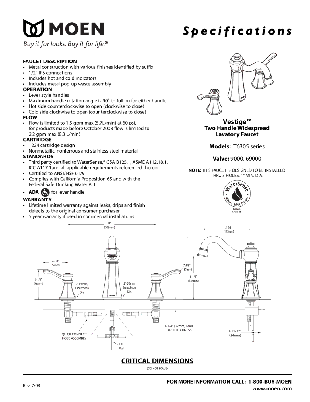 Moen T6305 Series specifications Faucet Description, Operation, Flow, Cartridge, Standards, Warranty 